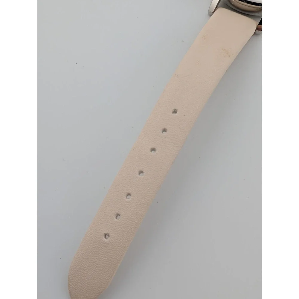 Women's Minimalist Quartz Watch 34mm Case White Faux Leather Band-‎ New Battery